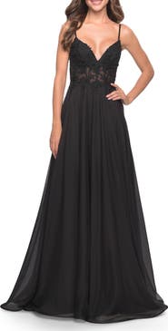 La Femme A-line Gown with Sheer Floral Embellished Bodice in Jewel Tones