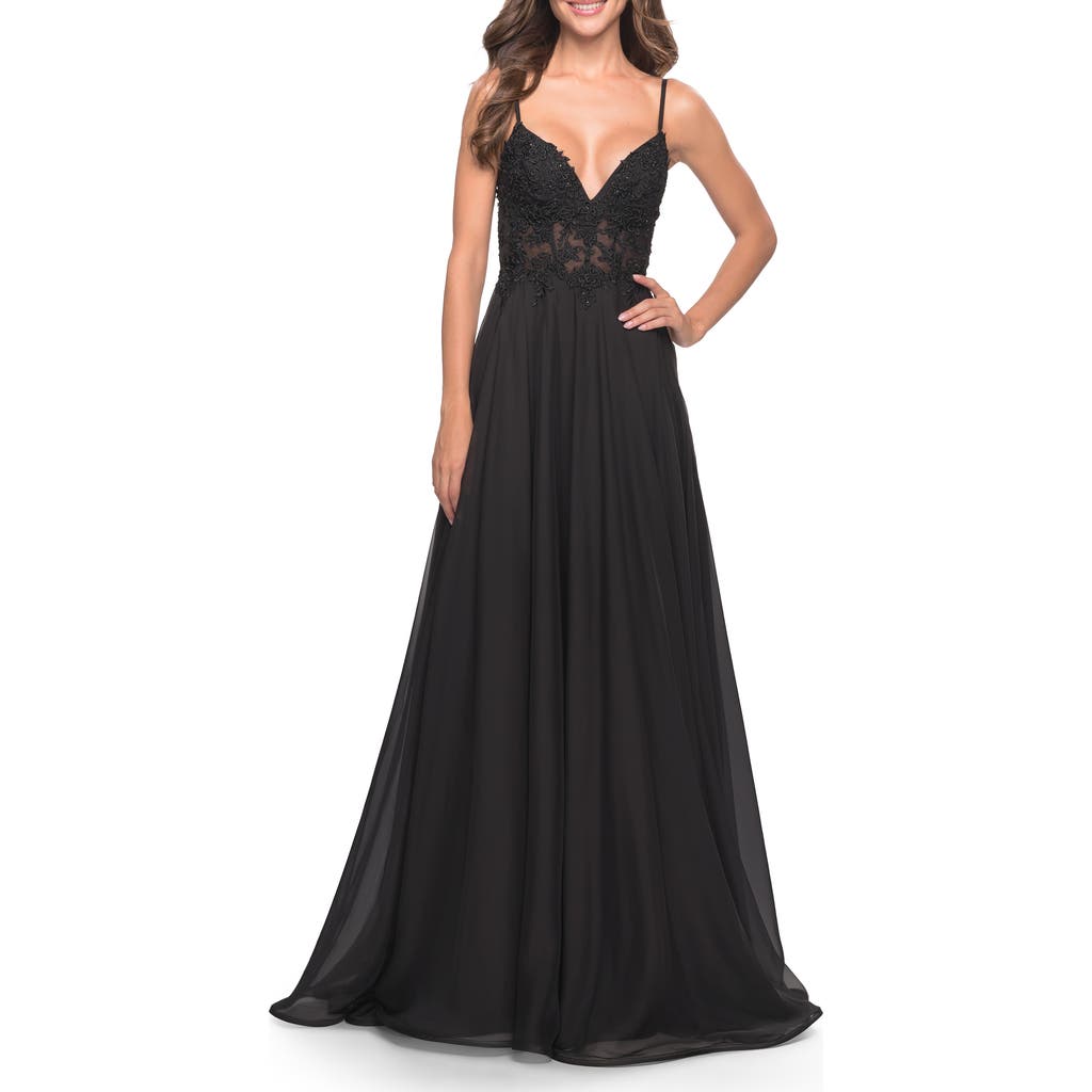 La Femme A-line Gown with Sheer Floral Embellished Bodice in Jewel Tones in Black  product