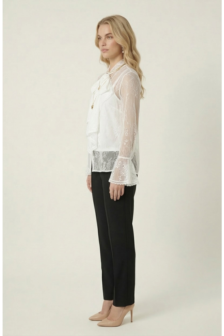 Sheer Lace Bow Tie Neck Ruffle Front Detail Blouse, Alternate, color, White