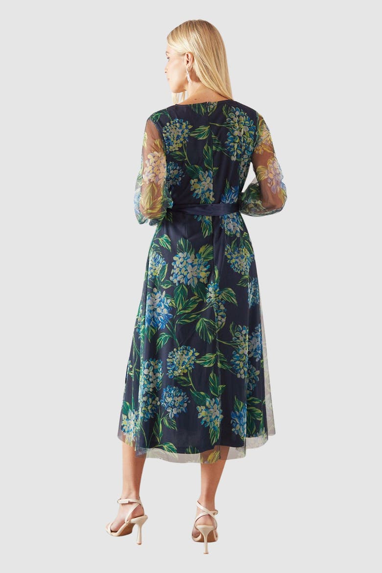 Petite Floral Mesh Satin Tie Midi Dress, Alternate, color, Navy