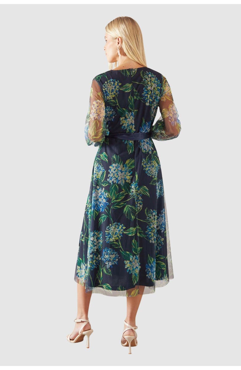 Wallis Petite Floral Mesh Satin Tie Midi Dress, Alternate, color, Navy
