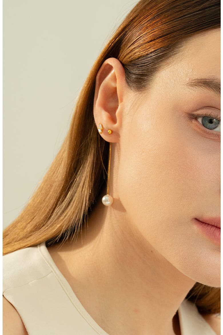 Sterling Silver 18k Gold Plated Abby Single Cultured Pearl Necklace & Dangled Drop Earrings Set Minimalist, Alternate, color, Gold