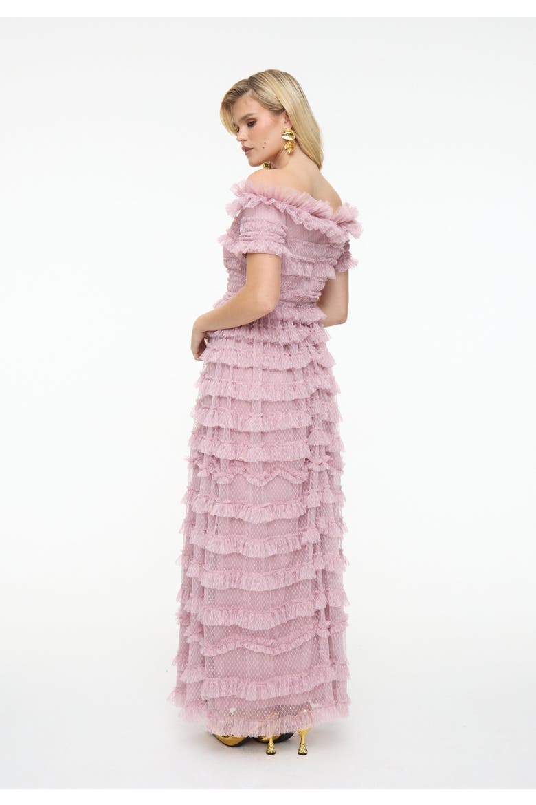 Ruffle Off-Shoulder Mesh Maxi Dress, Alternate, color, FROSTED PINK