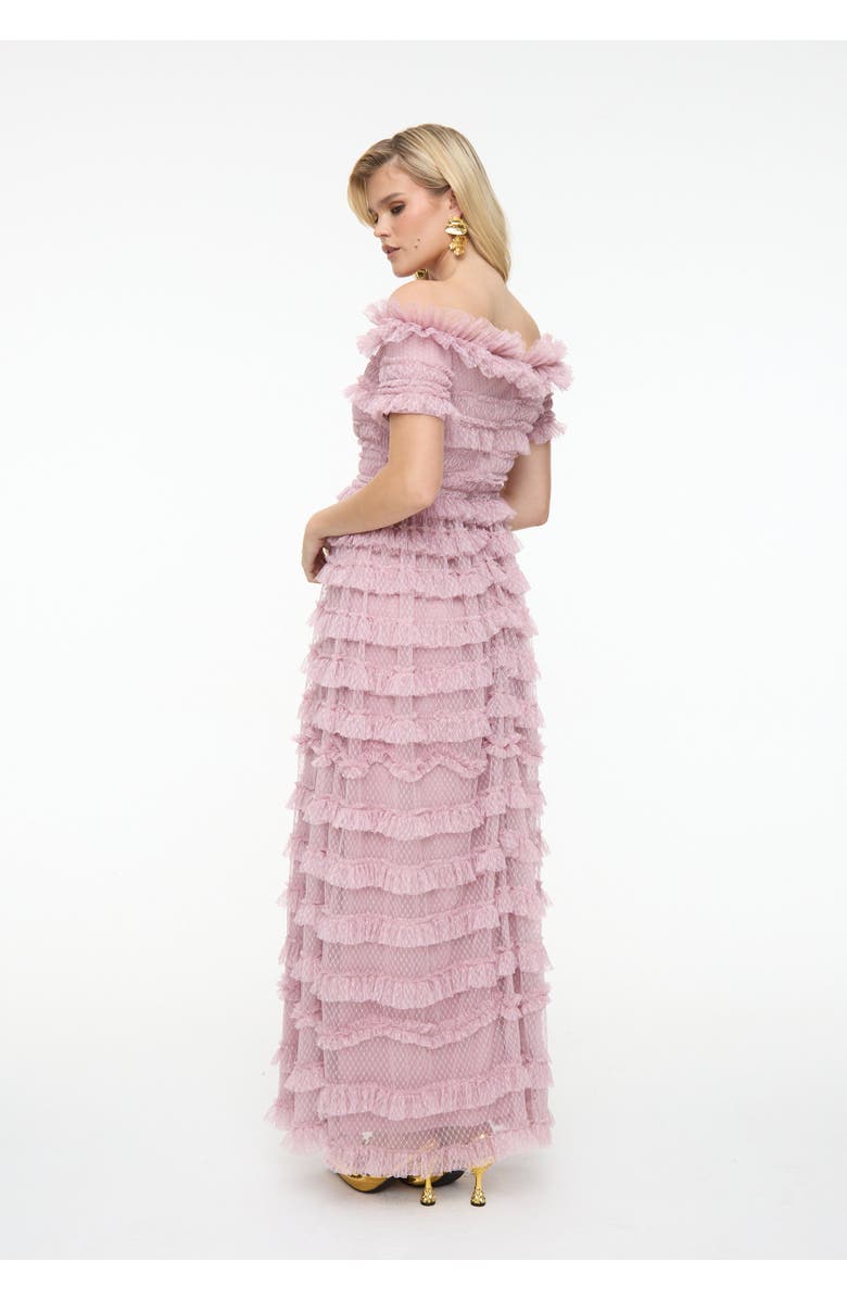 BEAUUT Ruffle Off-Shoulder Mesh Maxi Dress, Alternate, color, Frosted Pink