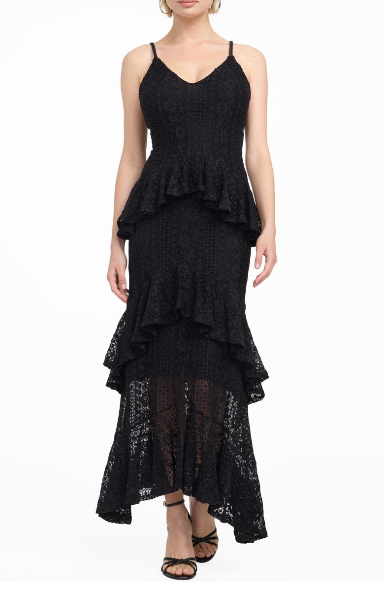 GUESS Kalie Lace Ruffle Maxi Dress, Main, color, Black-Black