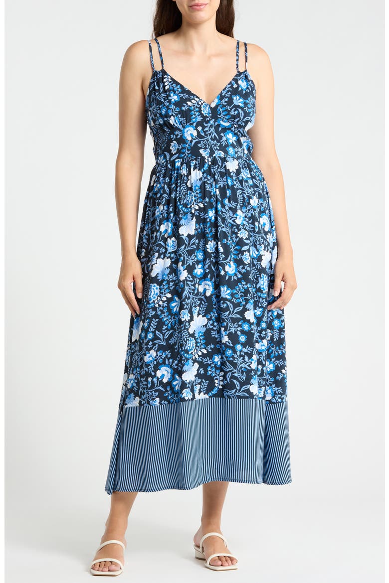 Floral Strappy Challis Midi Dress, Main, color, NAVY COTTAGE FLORAL