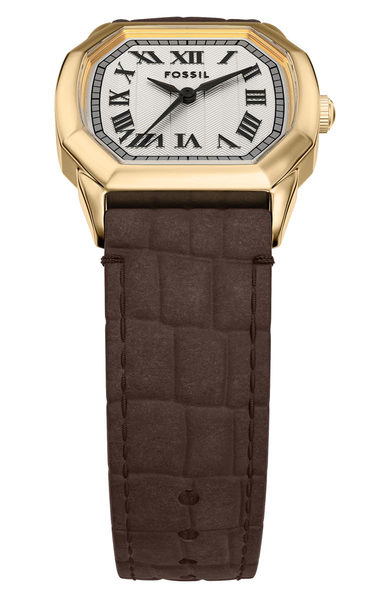 Fossil Harlow Croc Embossed Leather Strap Watch, 27mm, Alternate, color, Brown/ Gold