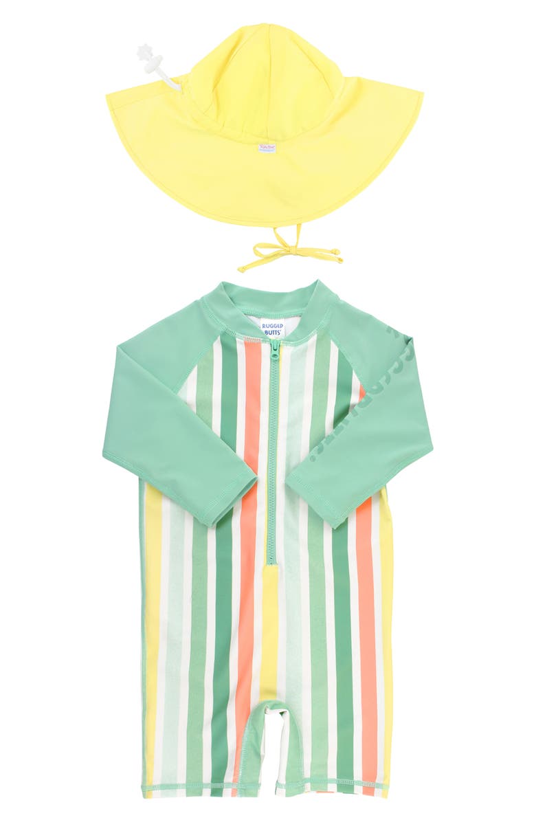 RuggedButts Saltwater Stripe One-Piece Rashguard Swimsuit & Hat Set, Main, color, 