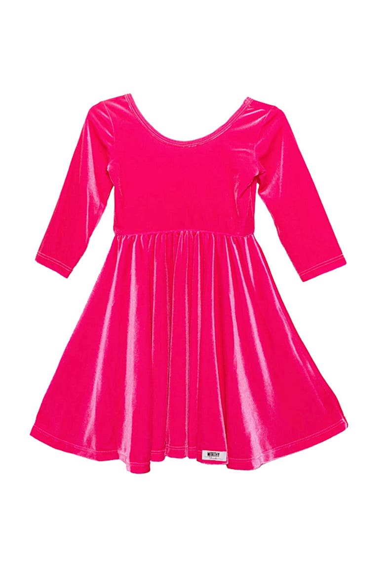 Girls Stretch Velvet Twirly Dress, Main, color, Hot Pink