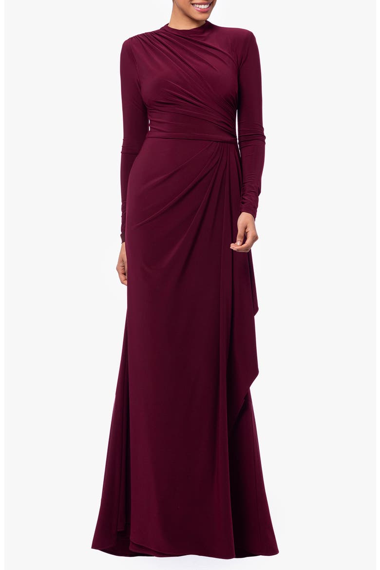 Ruffle Long Sleeve Sheath Gown, Main, color, WINE