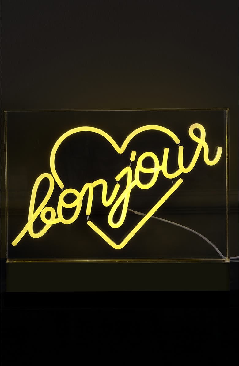 JONATHAN Y Bonjour Heart 15" X 10.3" Contemporary Glam Acrylic Box USB Operated LED Neon Light, Yellow, Alternate, color, Yellow