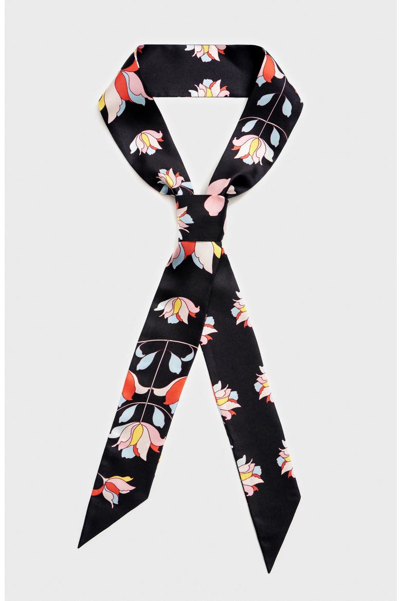 Silk Skinny Scarf Midnight Garden, Main, color, Black