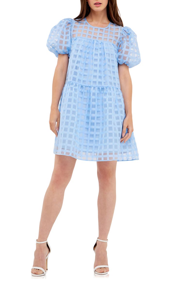 Gridded Puff Sleeve Dress, Main, color, OCEAN BLUE