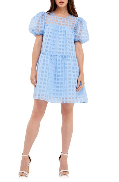 Gridded Puff Sleeve Dress
