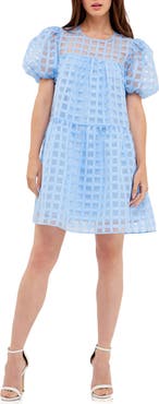 English Factory Gridded Puff Sleeve Dress