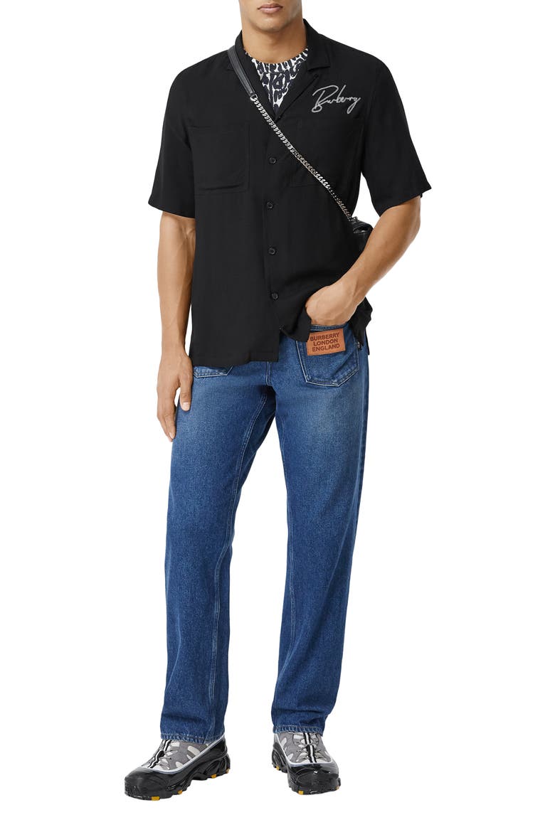 Randall Logo Embroidered Short Sleeve Button-Up Camp Shirt, Alternate, color, BLACK