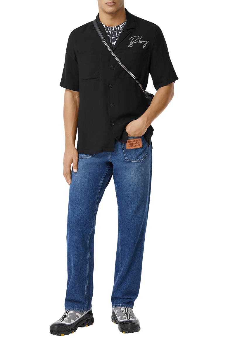 Burberry Randall Logo Embroidered Short Sleeve Button-Up Camp Shirt, Alternate, color, 