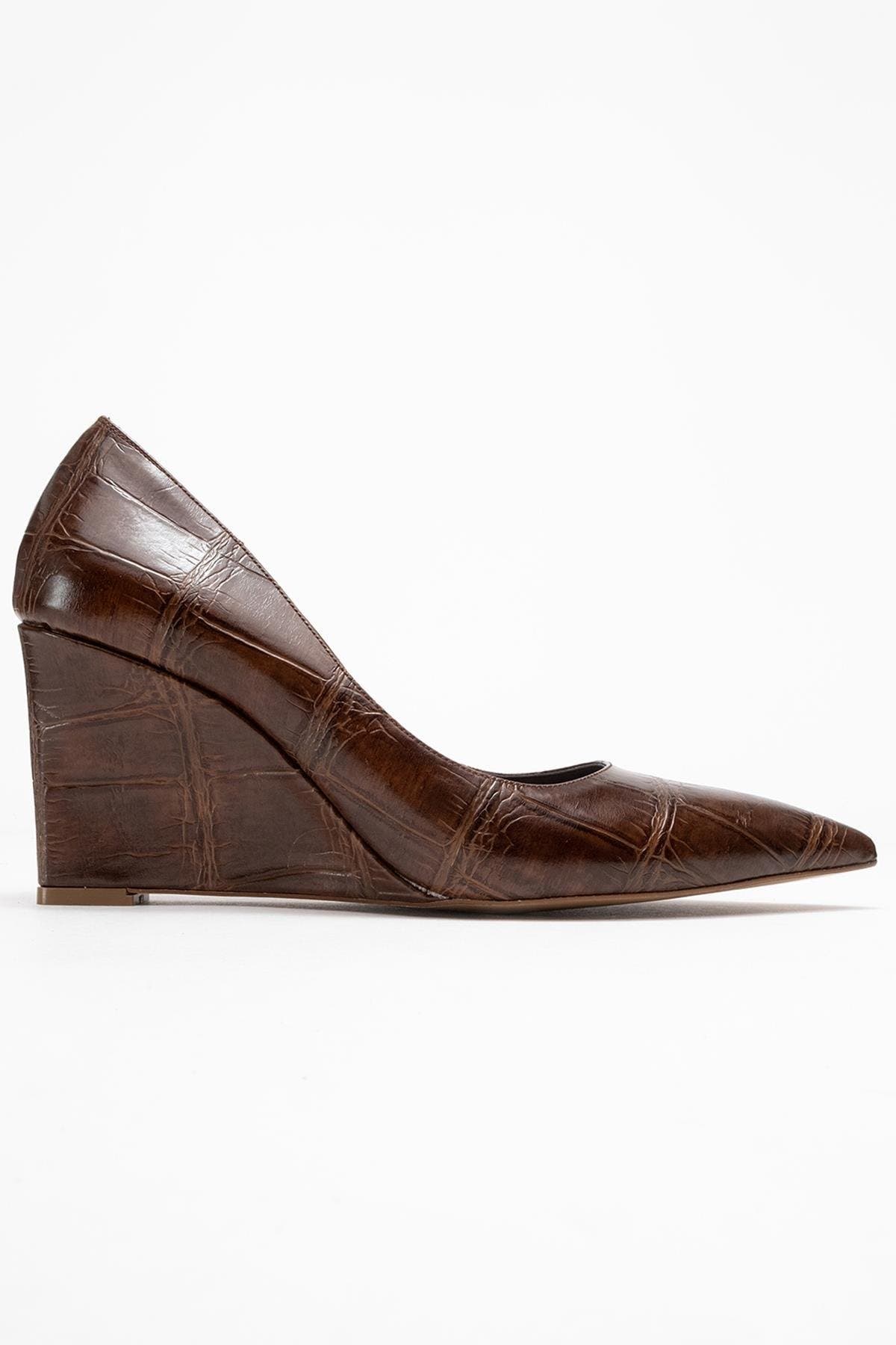 Prologue Shoes Puera Pointed Toe Wedge Pump, Alternate, color, Brown Printed