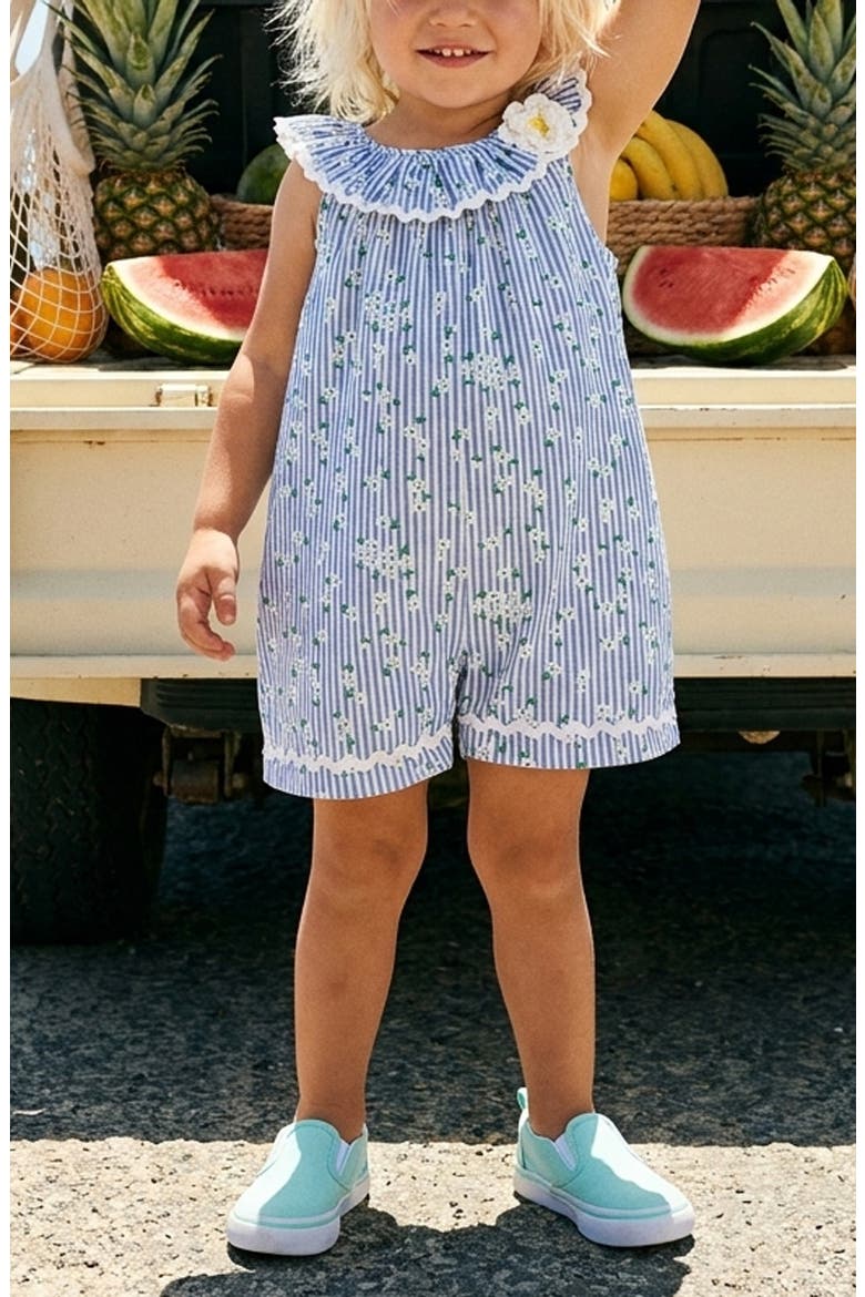 Kids' Lisa Daisy Stripe Romper, Alternate, color, BLUE/ WHITE
