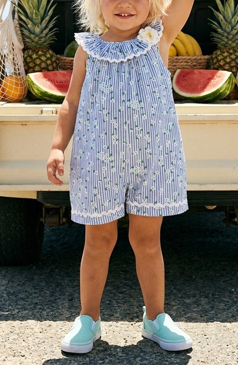 Pippa & Julie Kids' Lisa Daisy Stripe Romper, Alternate, color, Blue/ White