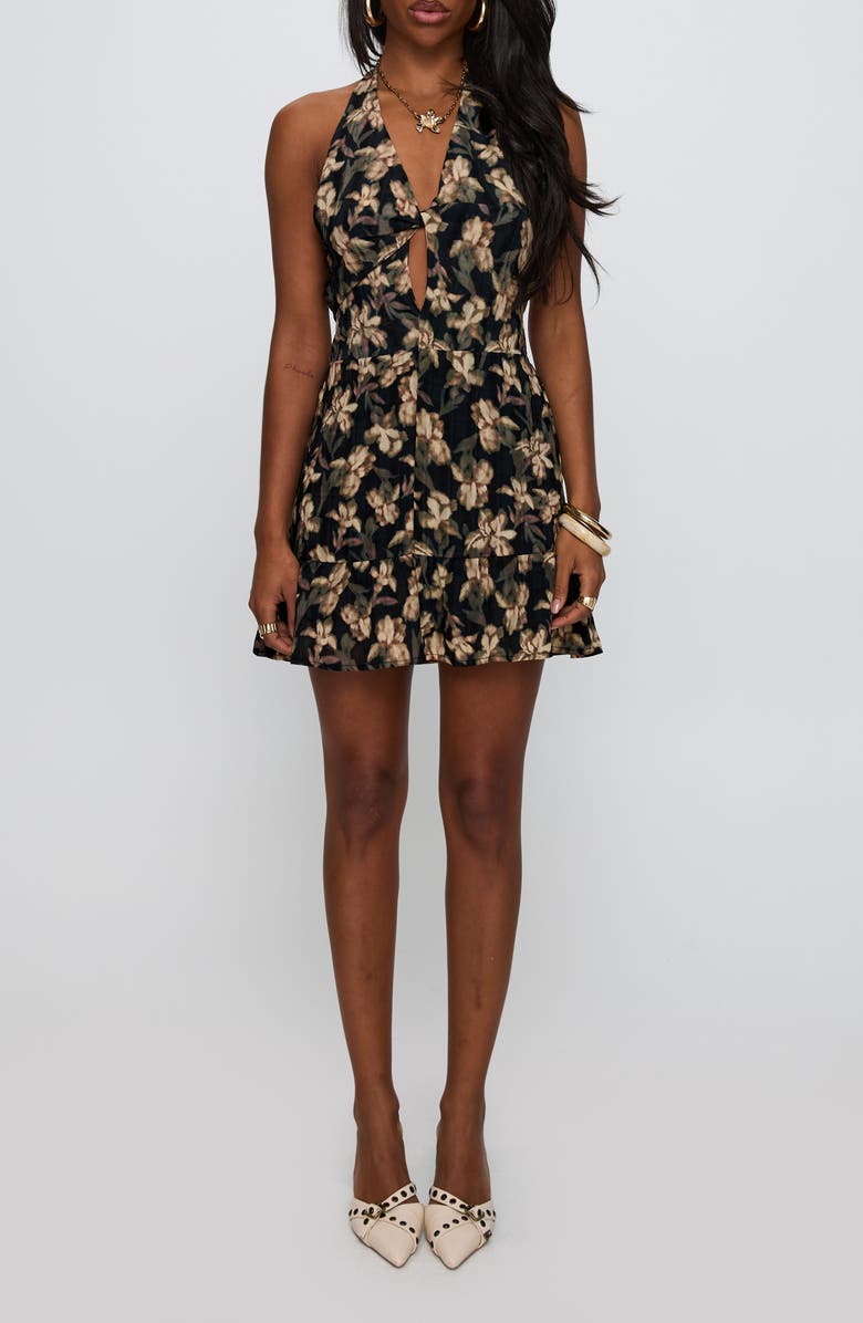 Princess Polly Ivorie Floral Print Halter Minidress, Main, color, Black Multi