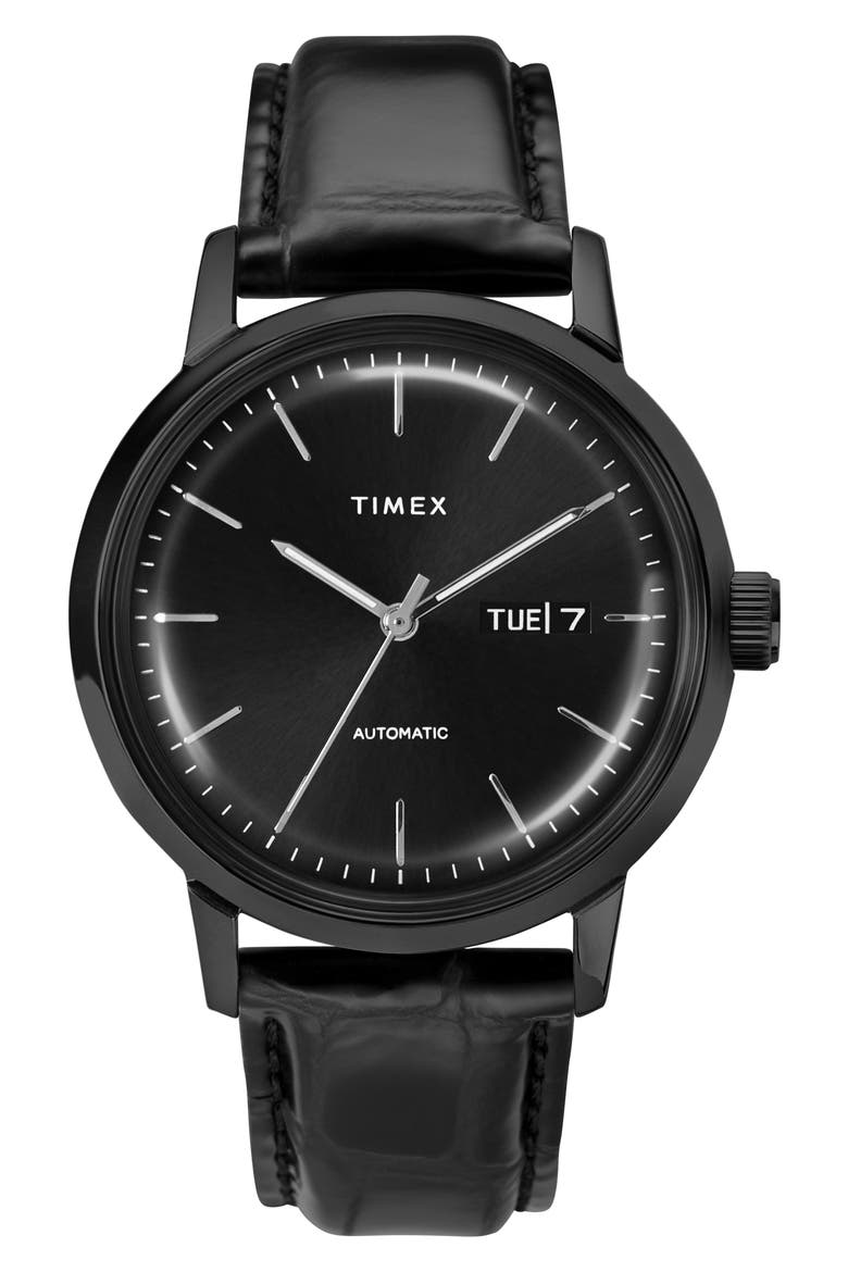 Marlin Automatic Leather Strap Watch, 40mm, Main, color, BLACK