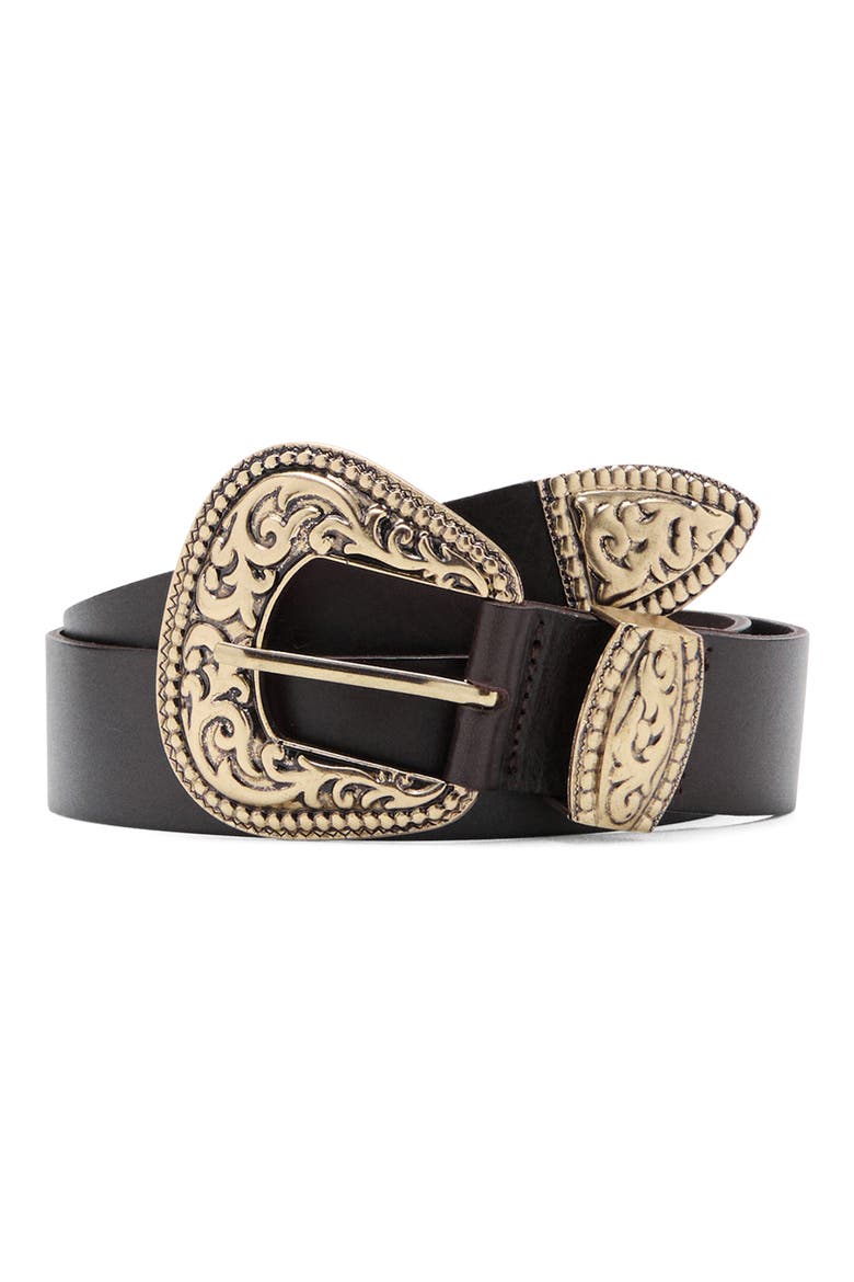 Engraved Buckle Leather Belt, Main, color, CHOCOLATE