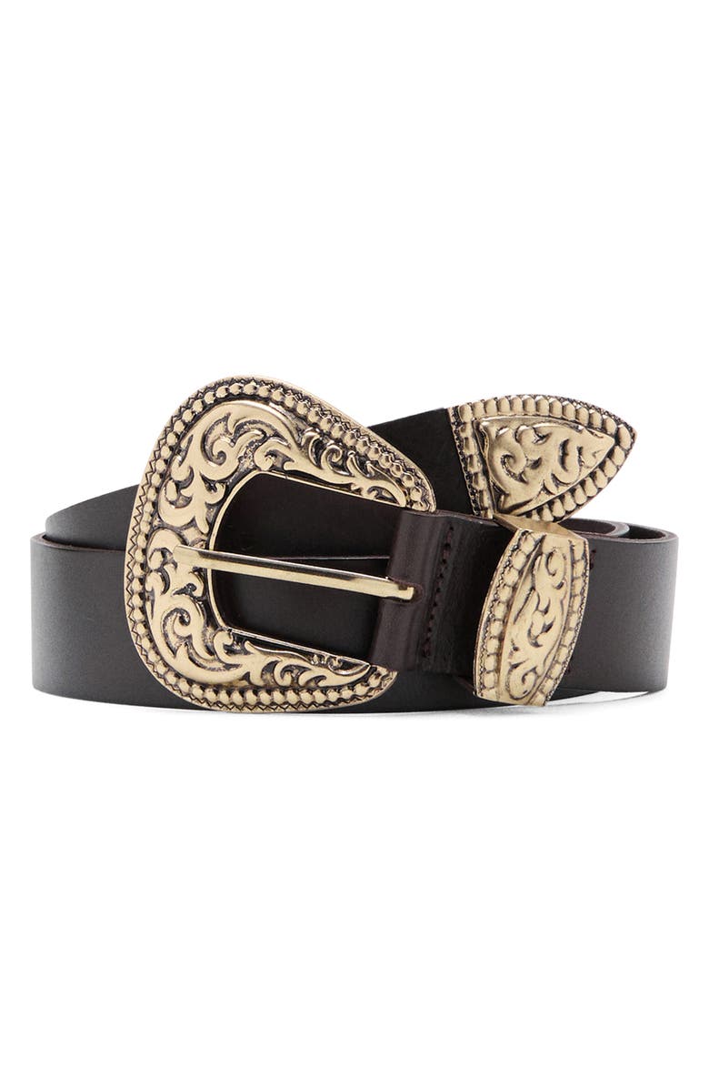 MANGO Engraved Buckle Leather Belt, Main, color,