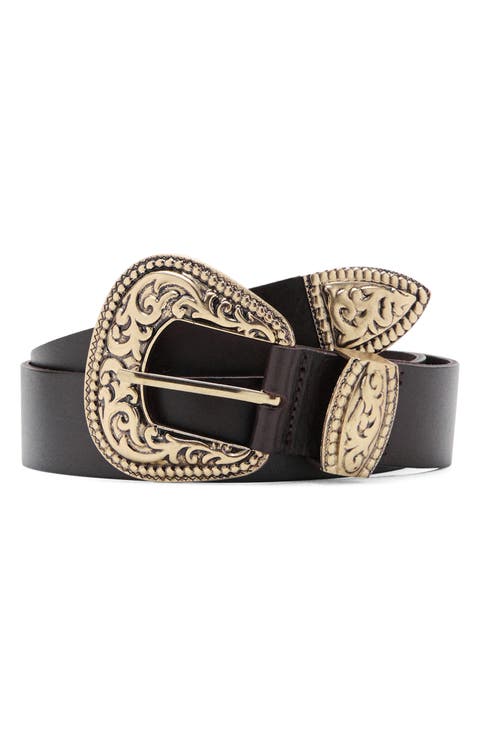 Engraved Buckle Leather Belt