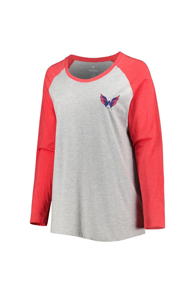 Women's Fanatics Branded Alexander Ovechkin Heather Gray/Heather Red Washington Capitals Plus Size Name & Number Raglan Long Sleeve T-Shirt, Alternate, color, Heather Gray