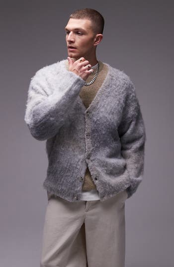 Topman Fuzzy Relaxed Fit V-Neck Cardigan | Nordstrom Topman Fuzzy Relaxed Fit V-Neck Cardigan | Nordstrom