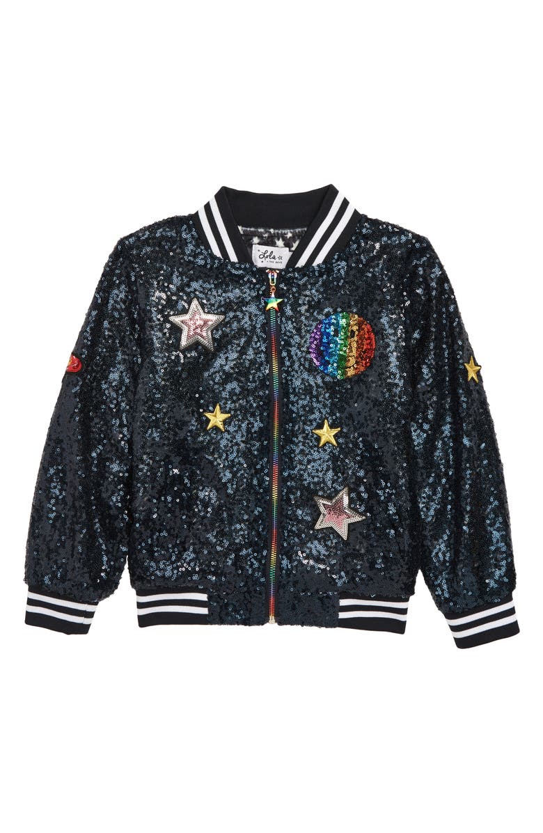 Lola + The Boys Lola & the Boys Rainbow Emoji Sequin Bomber Jacket, Main, color,