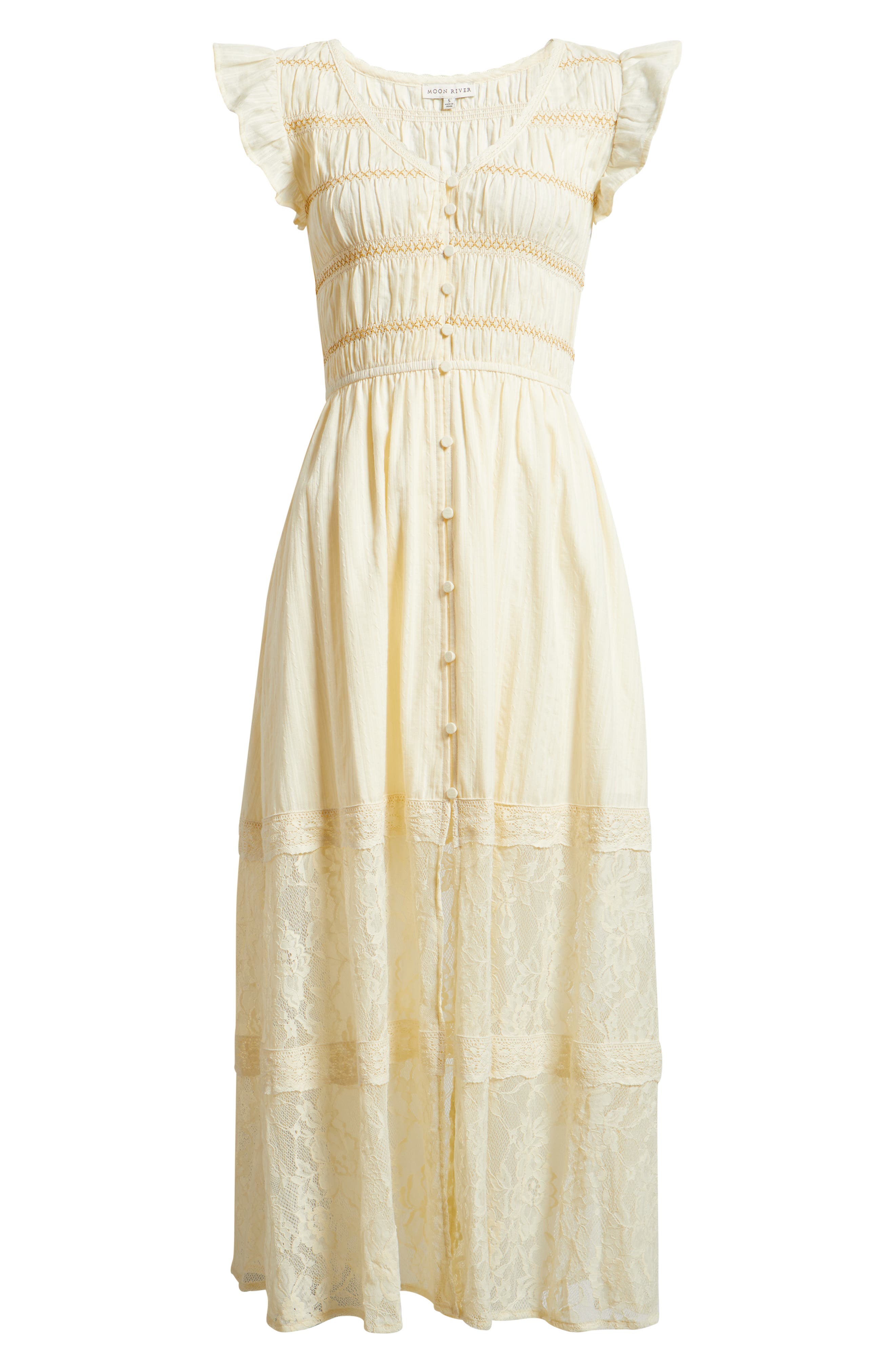 moon river lace dress MOON RIVER Women's Lace Embroidered Ruffle Sleeve Midi Dress - Natural