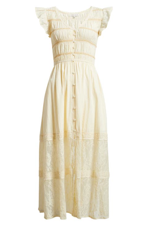 Lace Embroidered Ruffle Sleeve Midi Dress