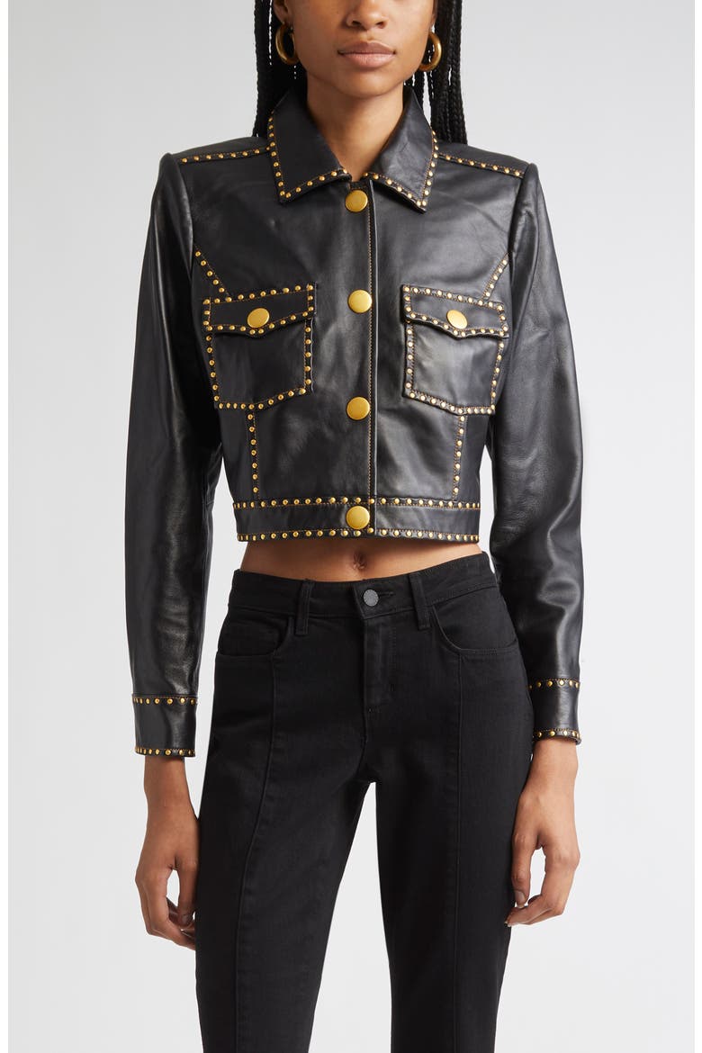 Winsome Studded Crop Leather Jacket, Main, color, BLACK