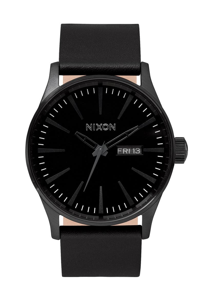 The Sentry Leather Strap Watch, 42mm, Main, color, ALL BLACK