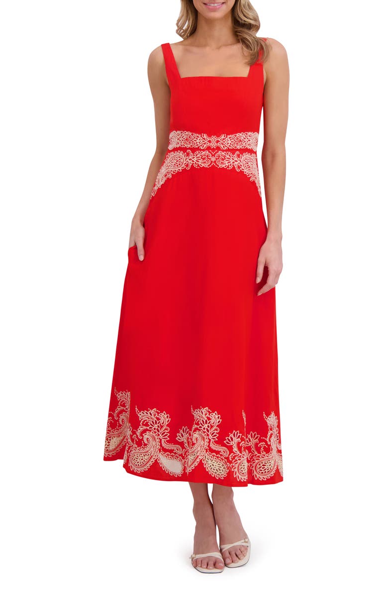 Ted Baker Embroidery Detail Square Neck Dress, Main, color, Flame Scarlet