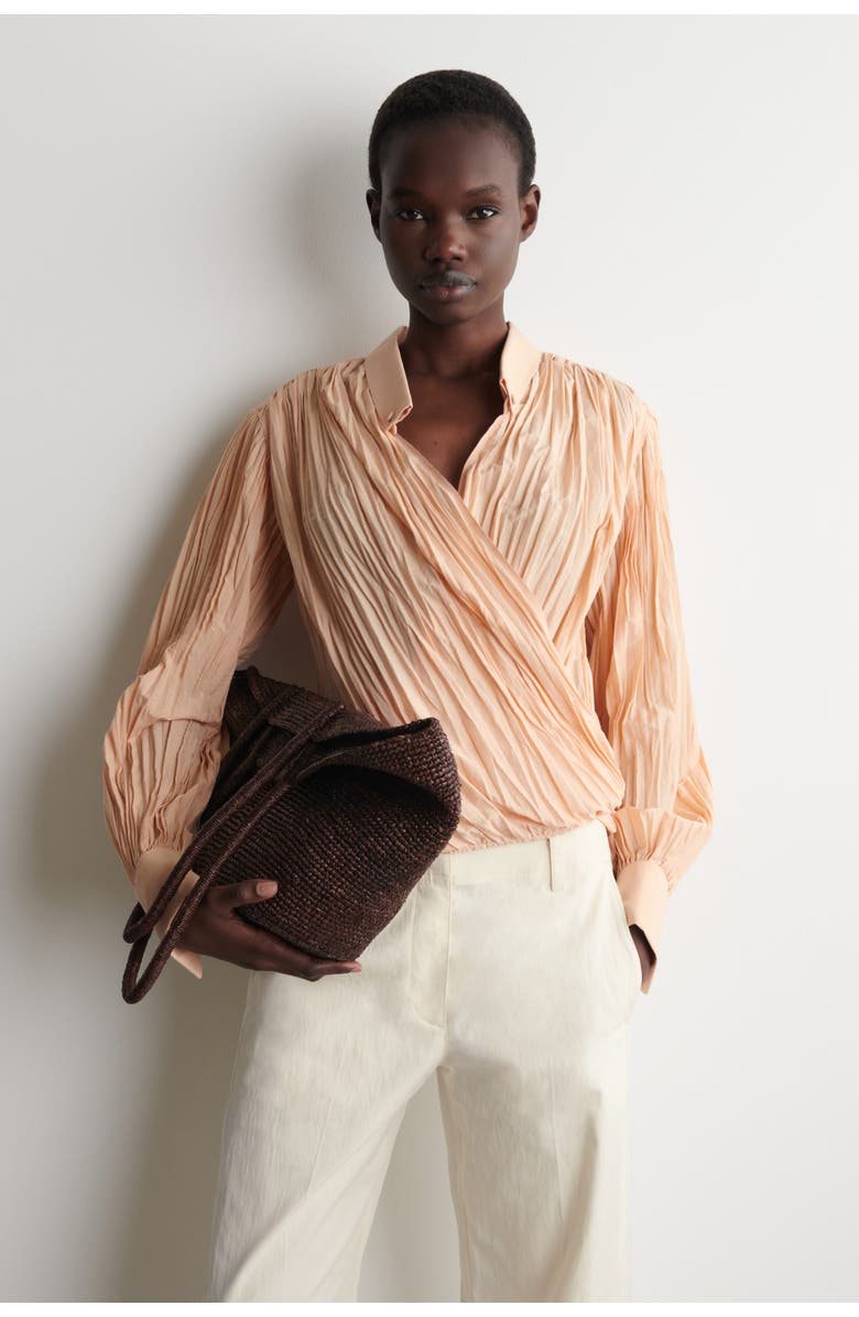 COS Crinkled Wrap-over Blouse, Main, color, Beige