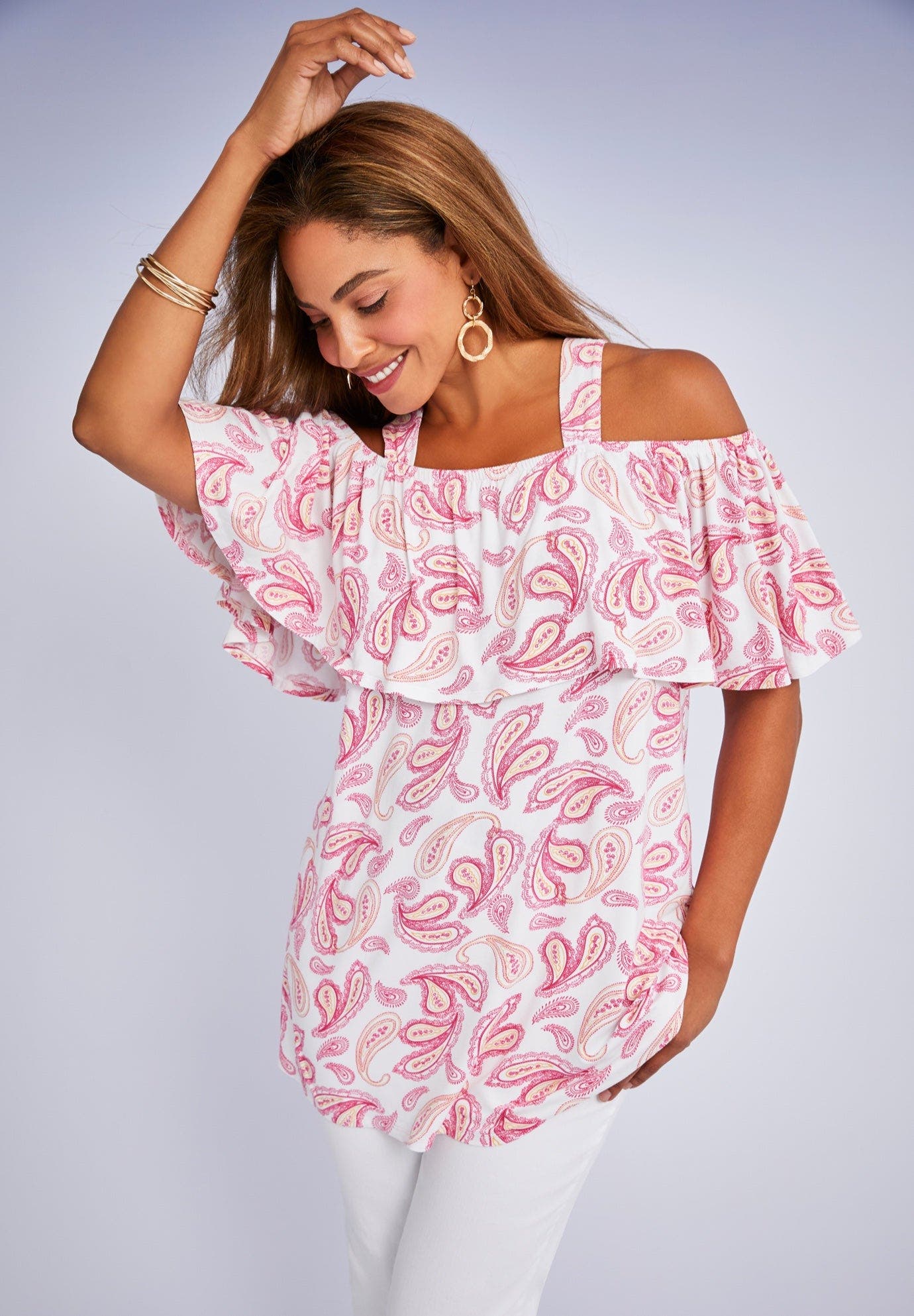 Stretch Knit Cold Shoulder Ruffle Tunic - image 2