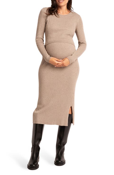 Layered Rib Long Sleeve Maternity/Nursing Sweater Dress