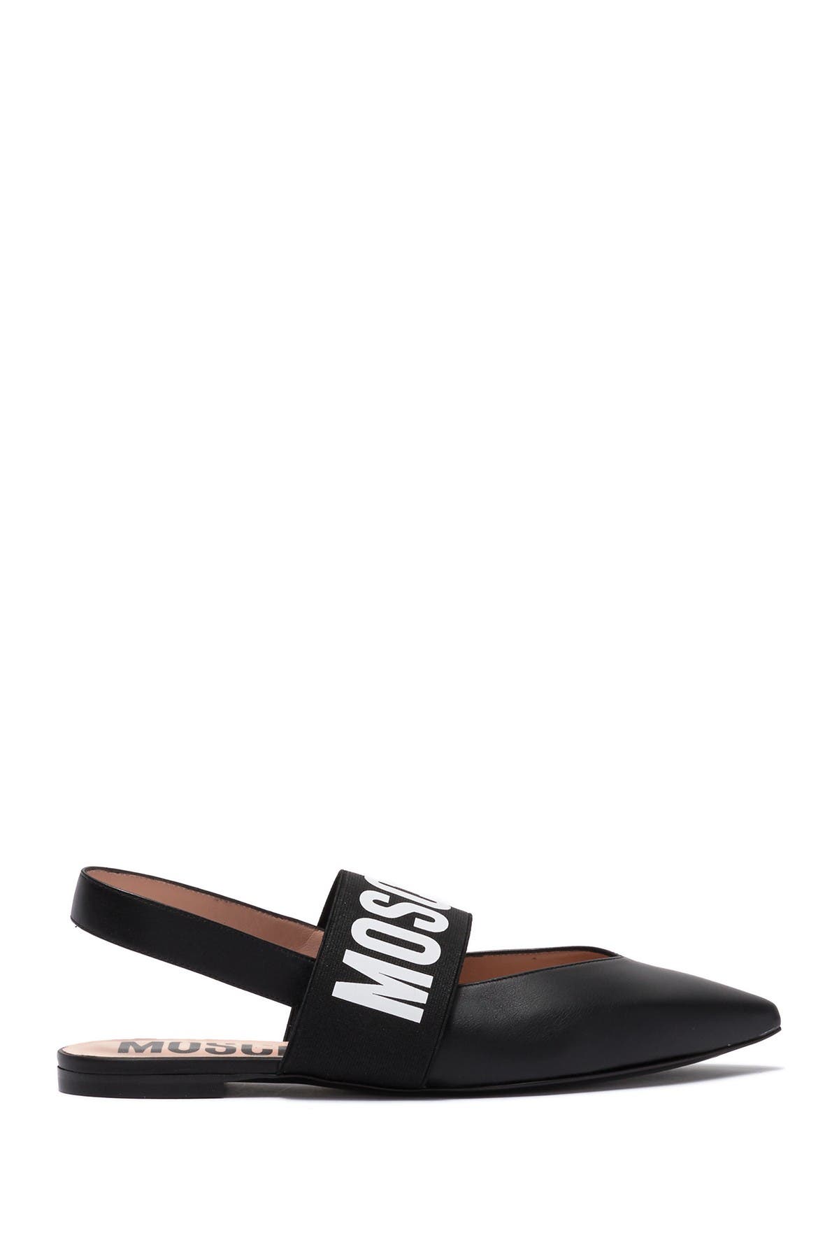 Moschino Logo Leather Pointed Toe Slingback Flat, Alternate, color, 
