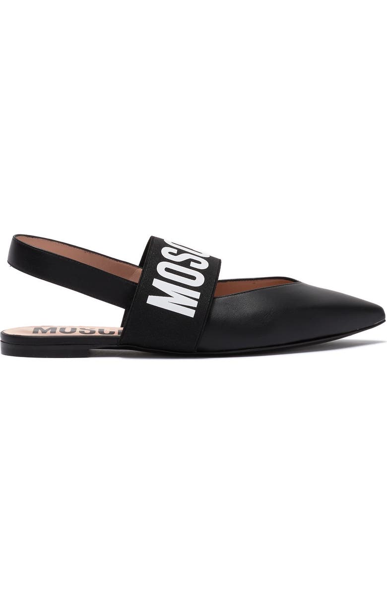 Moschino Logo Leather Pointed Toe Slingback Flat, Alternate, color,