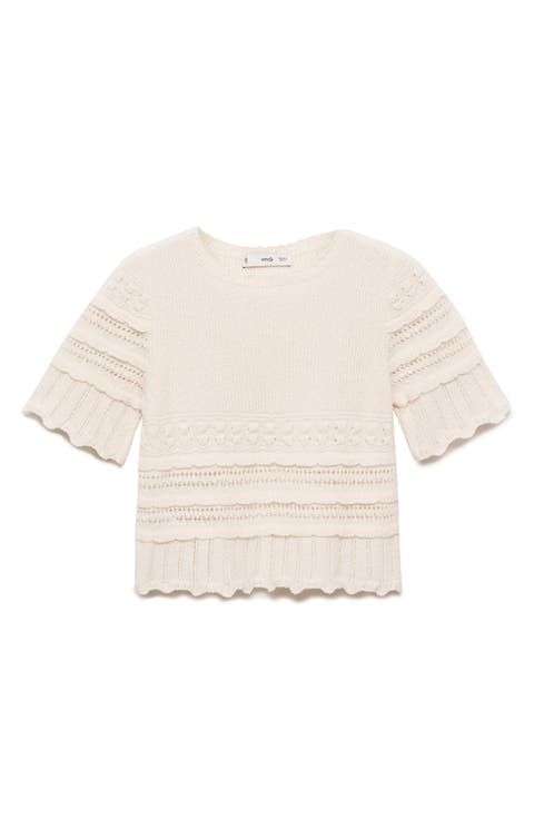 Open Stitch Accent Short Sleeve Crop Sweater