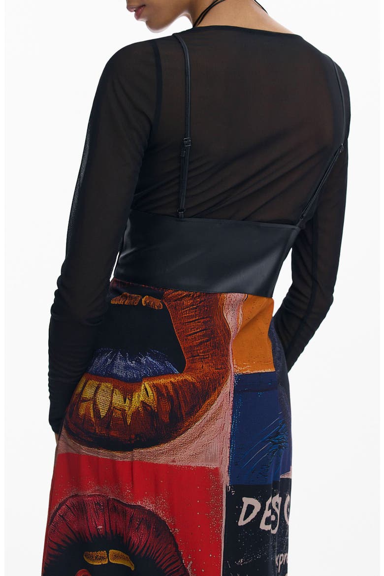 Long Sleeve Mixed Media Faux Leather Bodice Dress, Alternate, color, BLACK