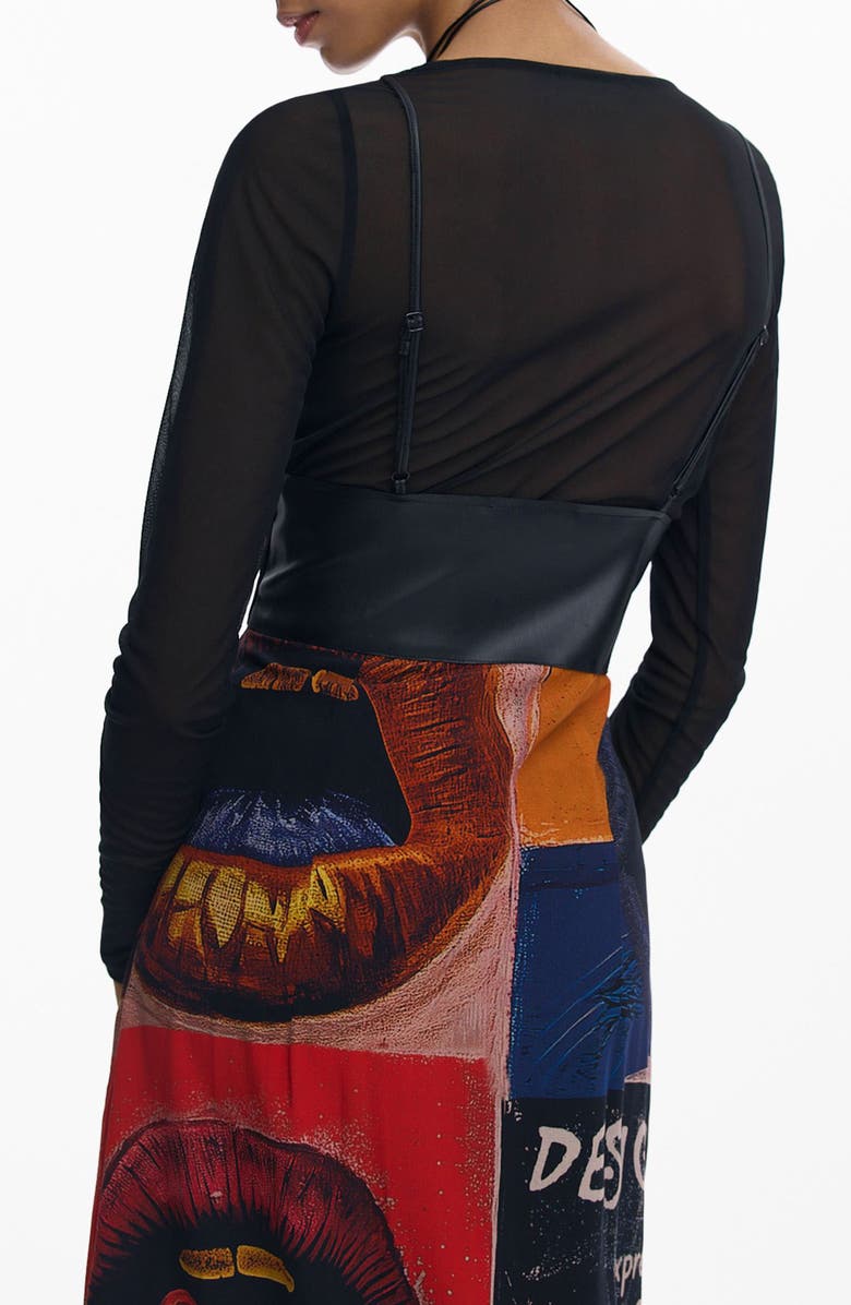 Desigual Long Sleeve Mixed Media Faux Leather Bodice Dress, Alternate, color, Black