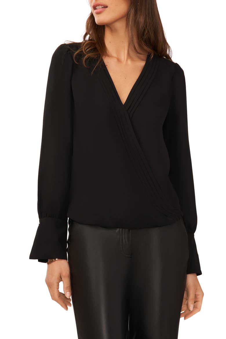 Wrap Front Long Sleeve Blouse, Main, color, RICH BLACK