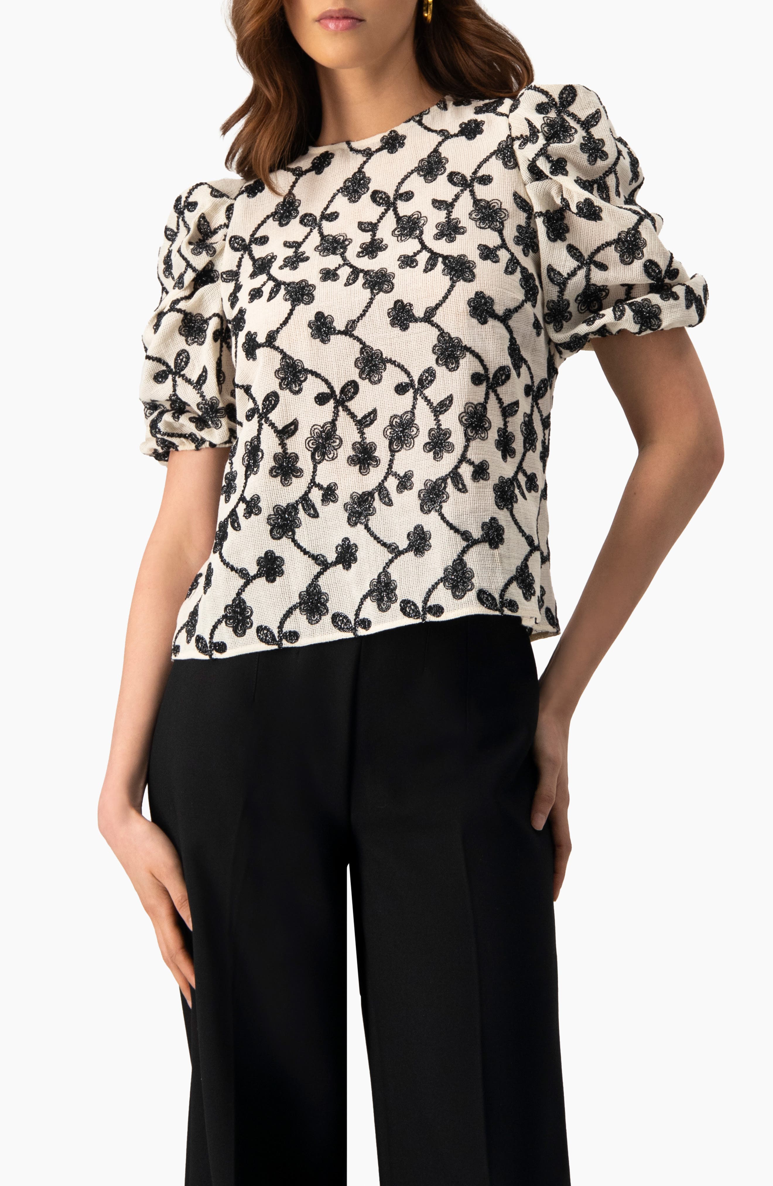 Embroidered Puff-Sleeve Blouse