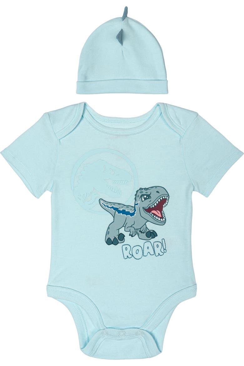 Jurassic Park Bodysuit and Hat Set, Main, color, Beta Light Blue