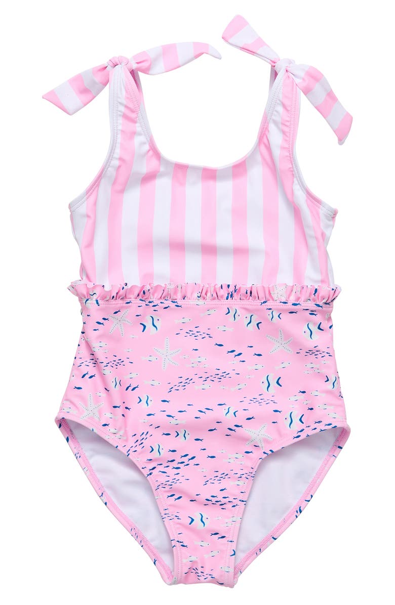 Snapper Rock Kids' Pink Sea Print Ruffle One-Piece Swimsuit, Main, color,