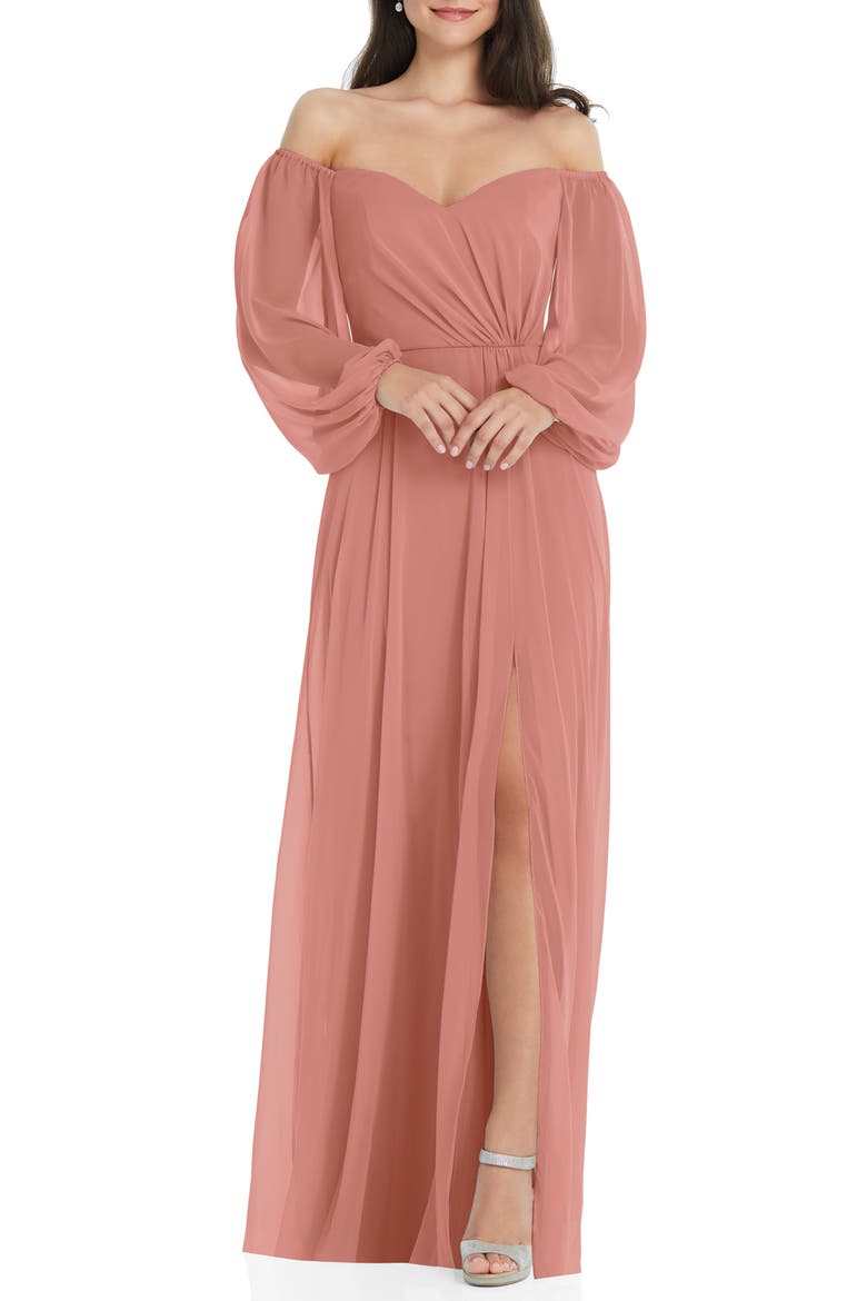 Convertible Neck Long Sleeve Chiffon Gown, Main, color, DESERT ROSE